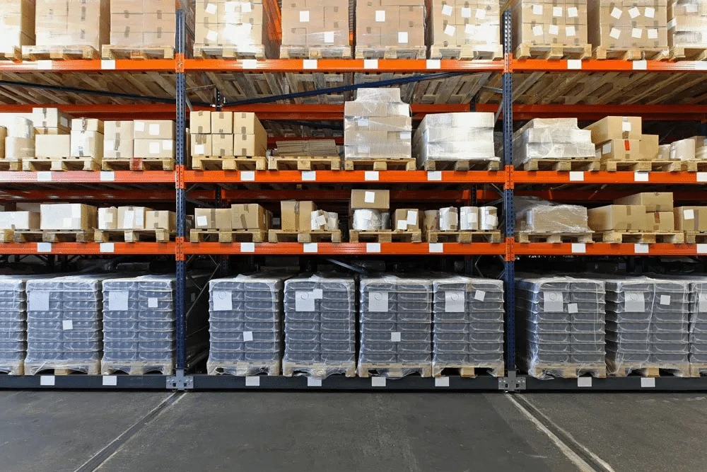 Warehouse racks with packed parts